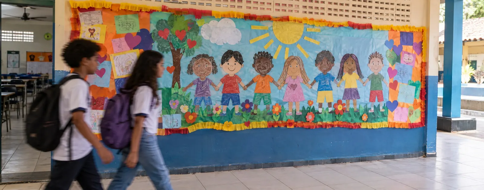 Corredor de escola com um mural colorido de crianças de mãos dadas, e estudantes passando de mochila