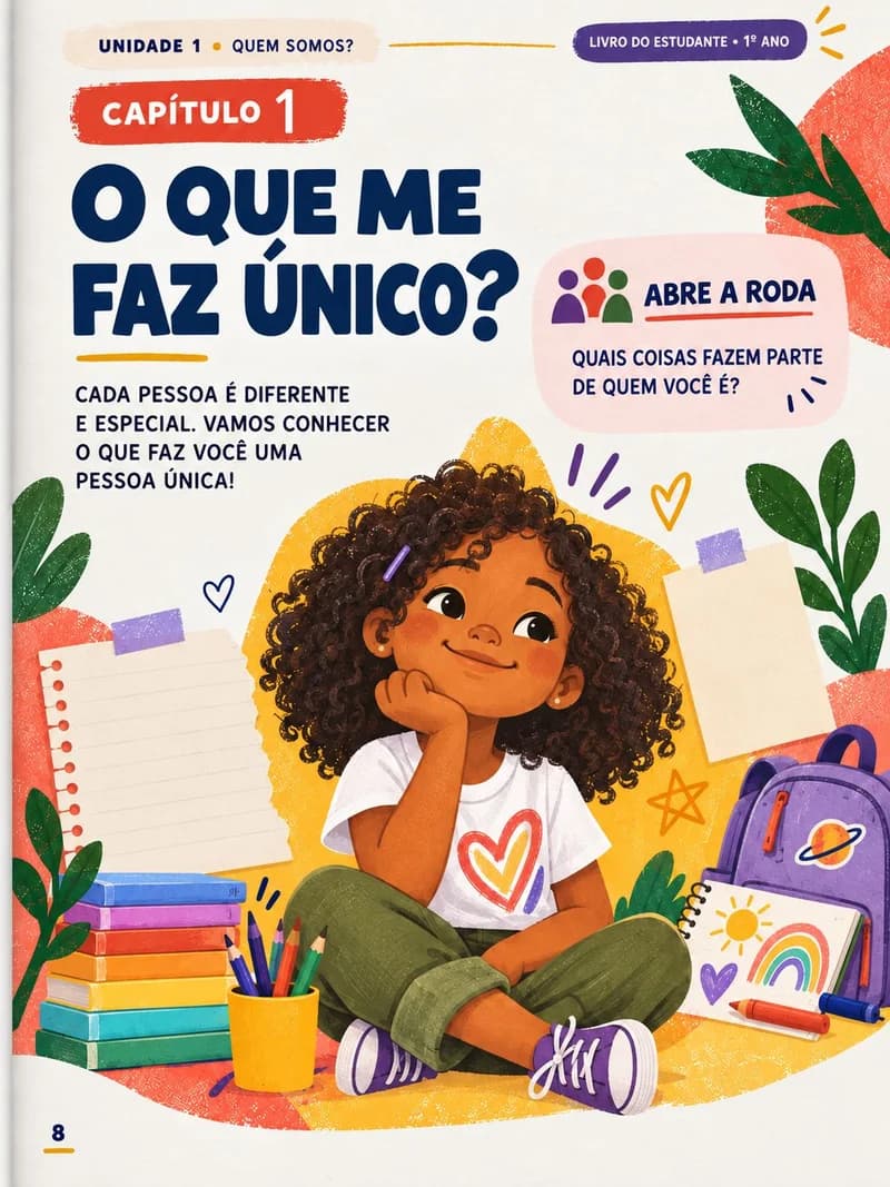 Página de abertura de capítulo do livro do 1º ano, com o título O que me faz único e a ilustração de uma menina sentada entre livros e uma mochila