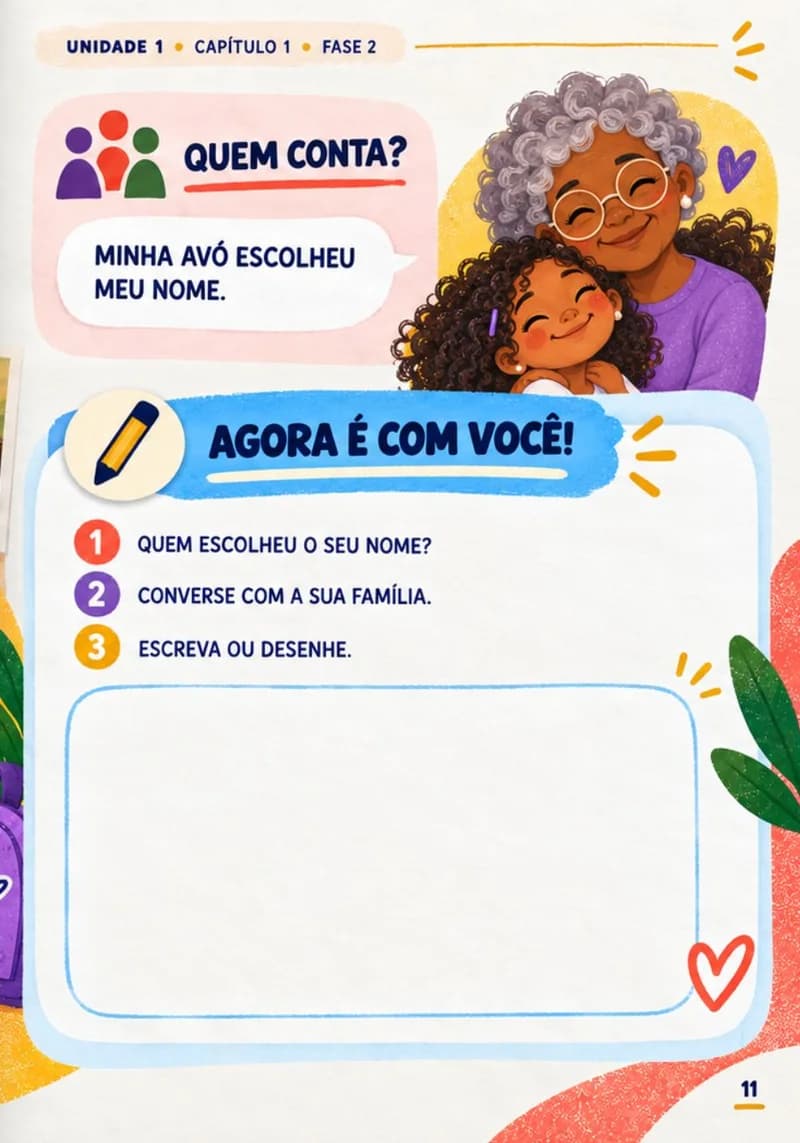 Página de atividade do livro do 1º ano, com a seção Quem conta e a ilustração de uma avó abraçando a neta