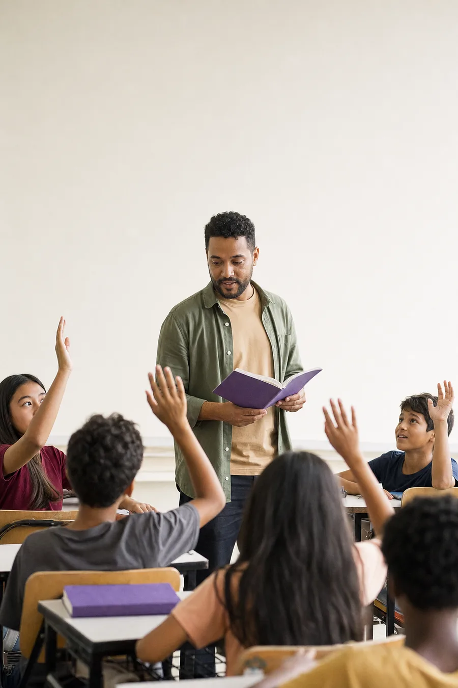 Professor segura um livro aberto e a turma levanta a mão para responder