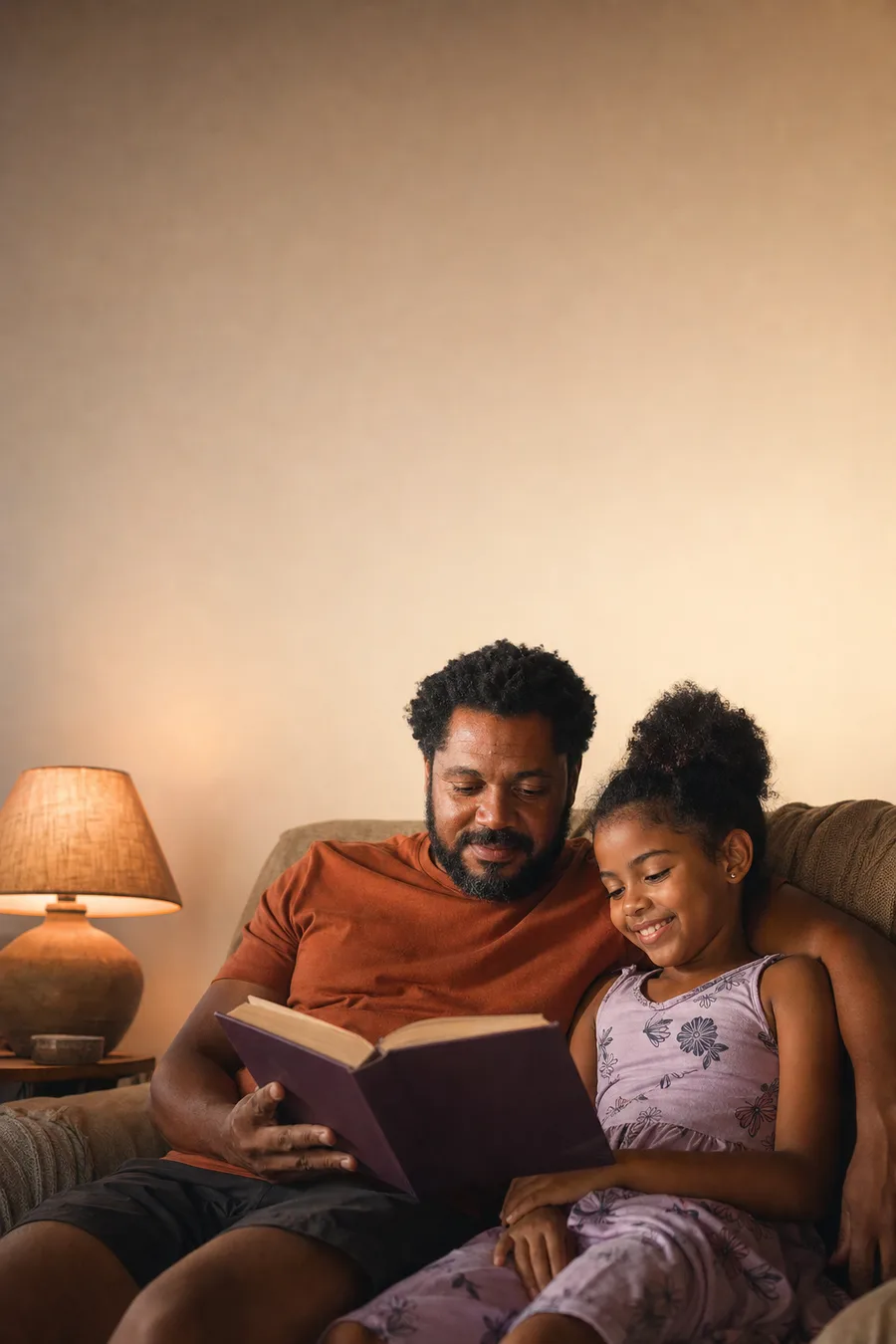 Pai e filha leem juntos no sofá de casa