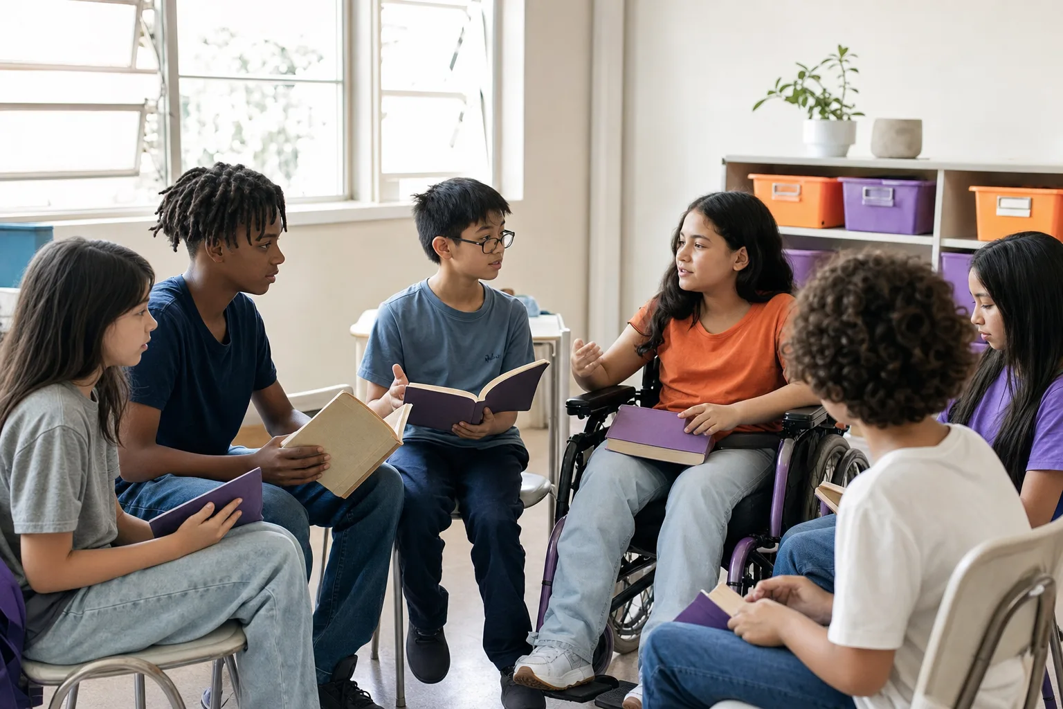 Estudantes de várias origens, uma delas em cadeira de rodas, sentados em roda com livros, conversando